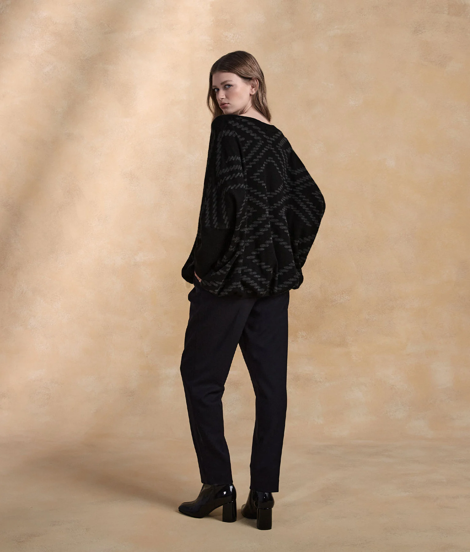 Bi Colour Jacquard Poncho With Sleeves - Gray And Black Brick - Image 2