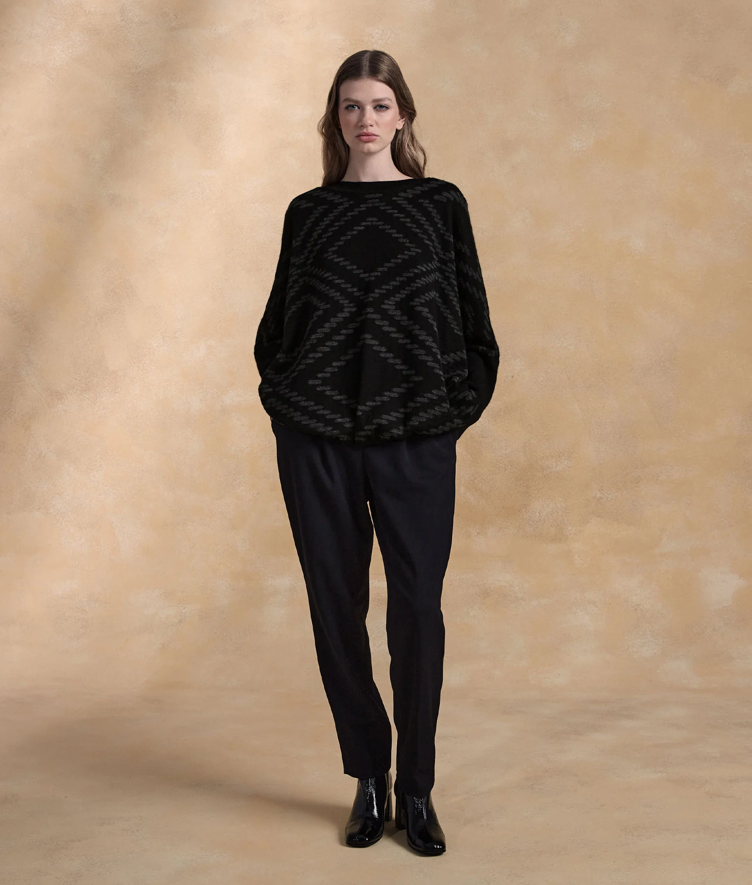 Bi Colour Jacquard Poncho With Sleeves - Gray And Black Brick - Image 3