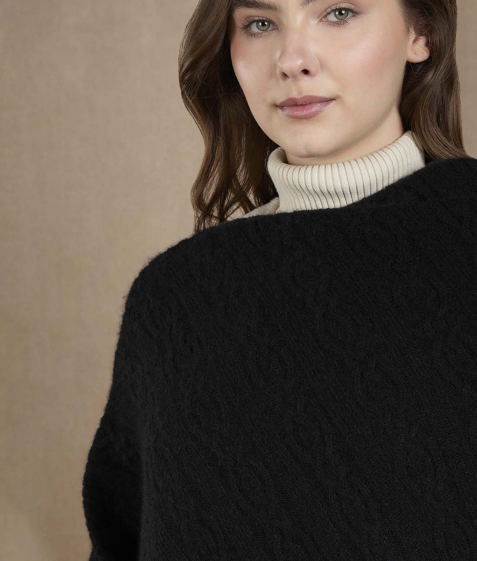Black Diagonal Cable Stitch Poncho - Image 2