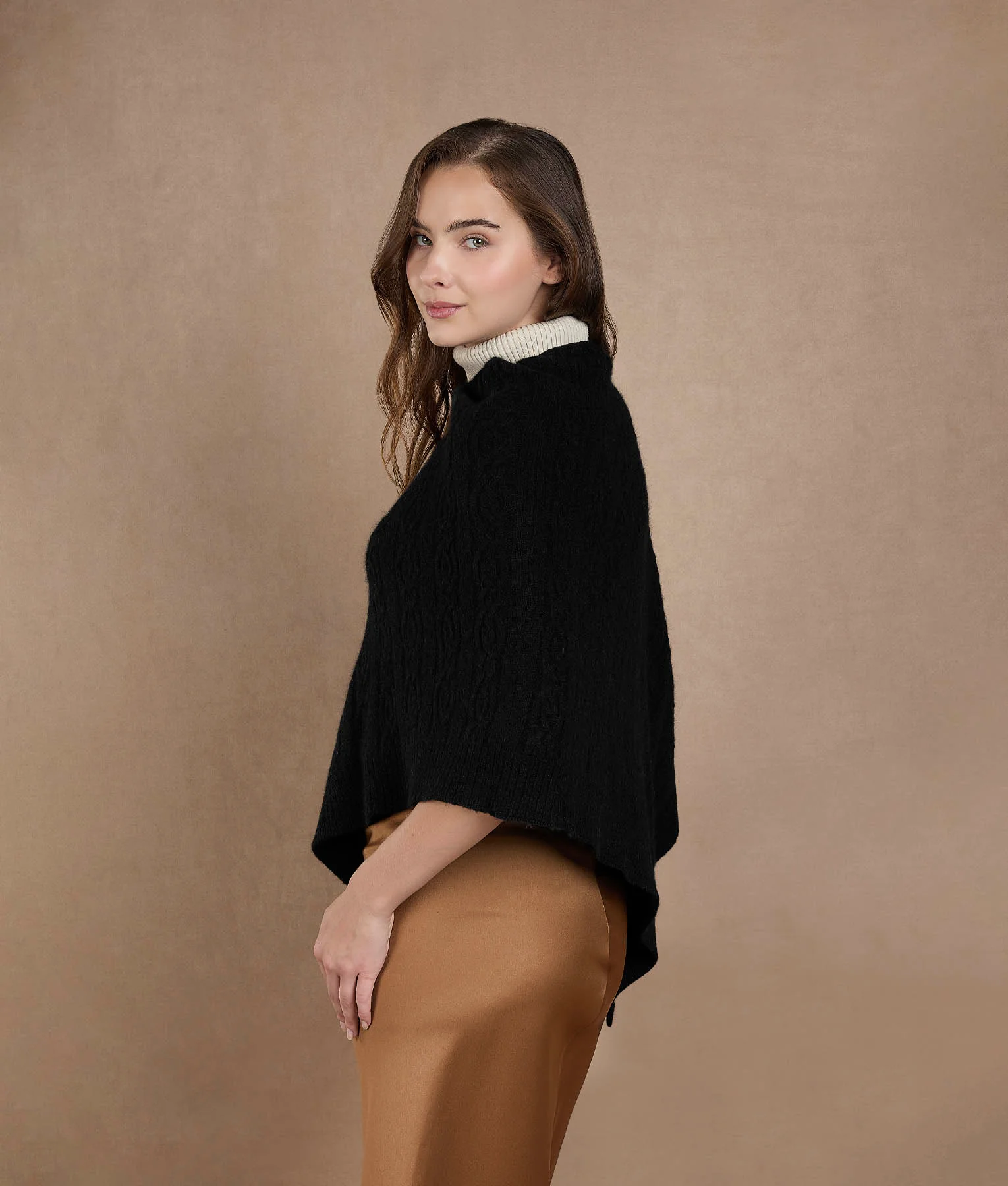 Black Diagonal Cable Stitch Poncho - Image 3
