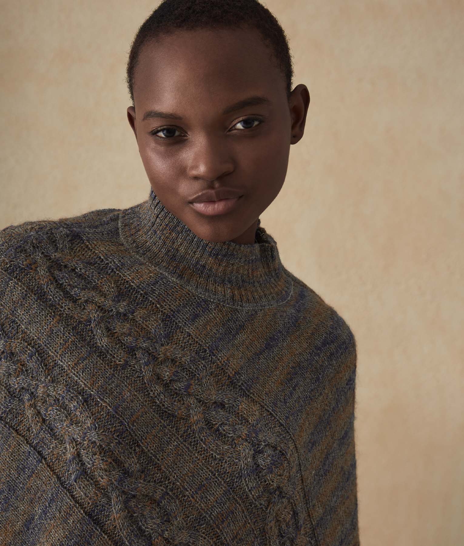 Cables Zipped Detailed Poncho - Inca Gold And Blue Ribbon - Image 3