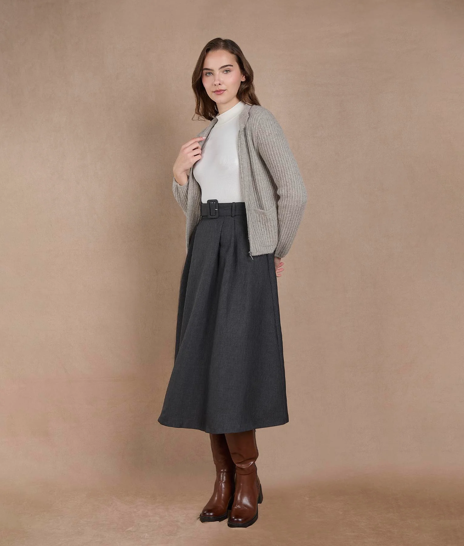Rib Cardigan with Pockets - Warm Gray