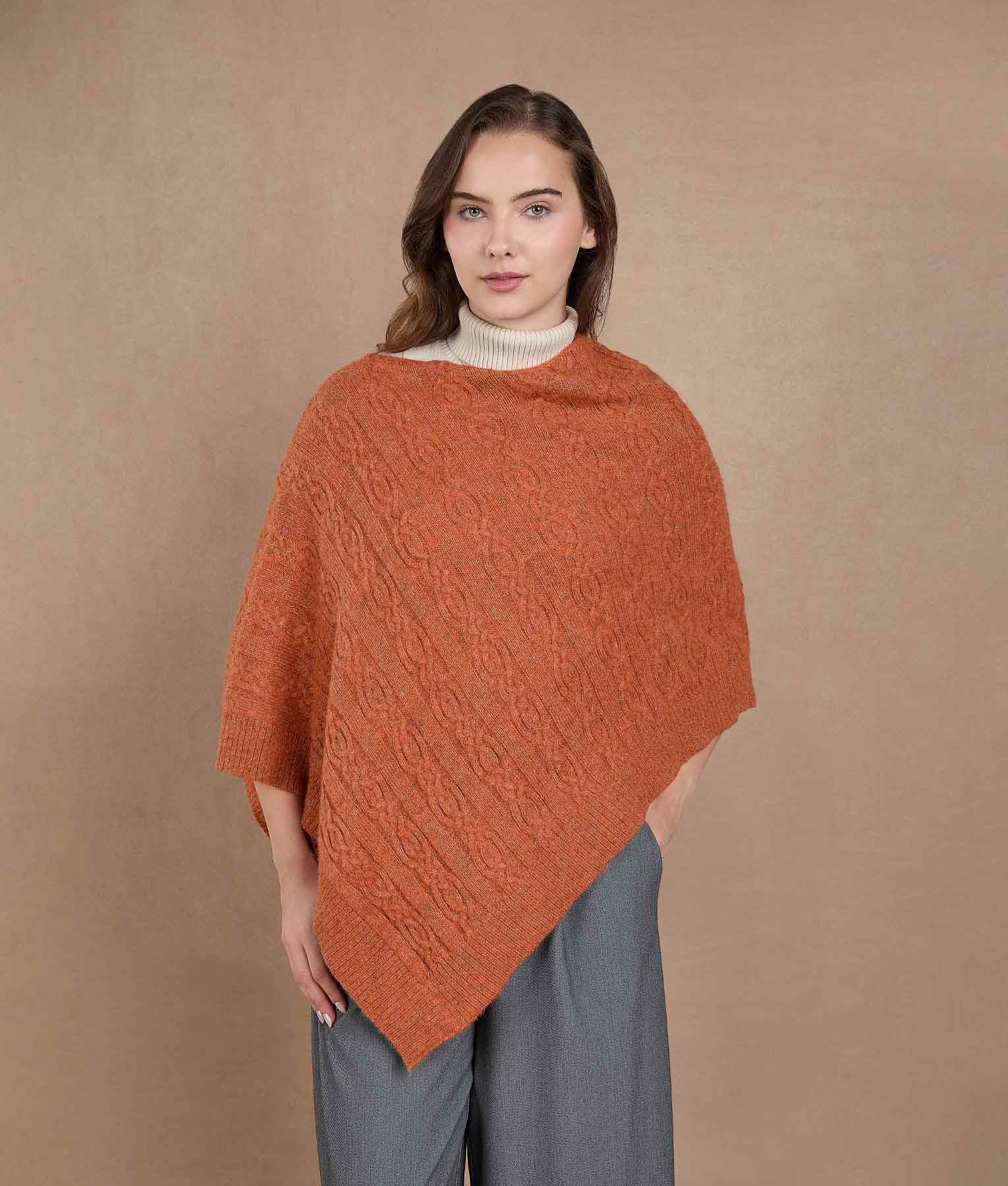 Diagonal Knit Poncho - Burnt Orange - Image 2