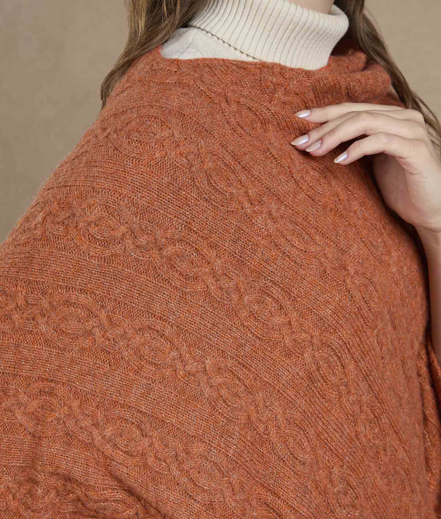 Diagonal Knit Poncho - Burnt Orange - Image 3