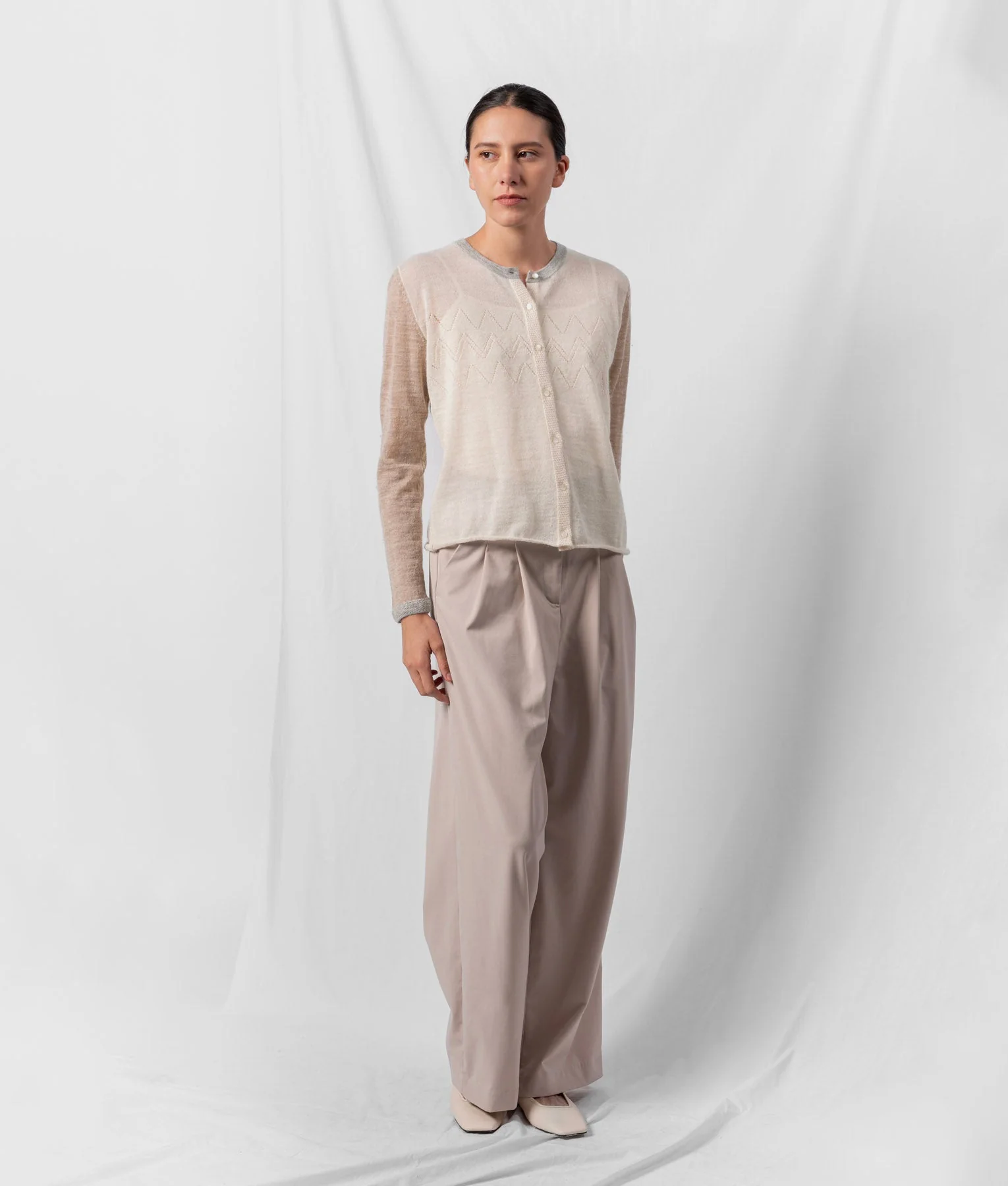 El Ritmo Eyelet Detailed Cardigan - Soft Ivory And Light Heather Grey - Image 3