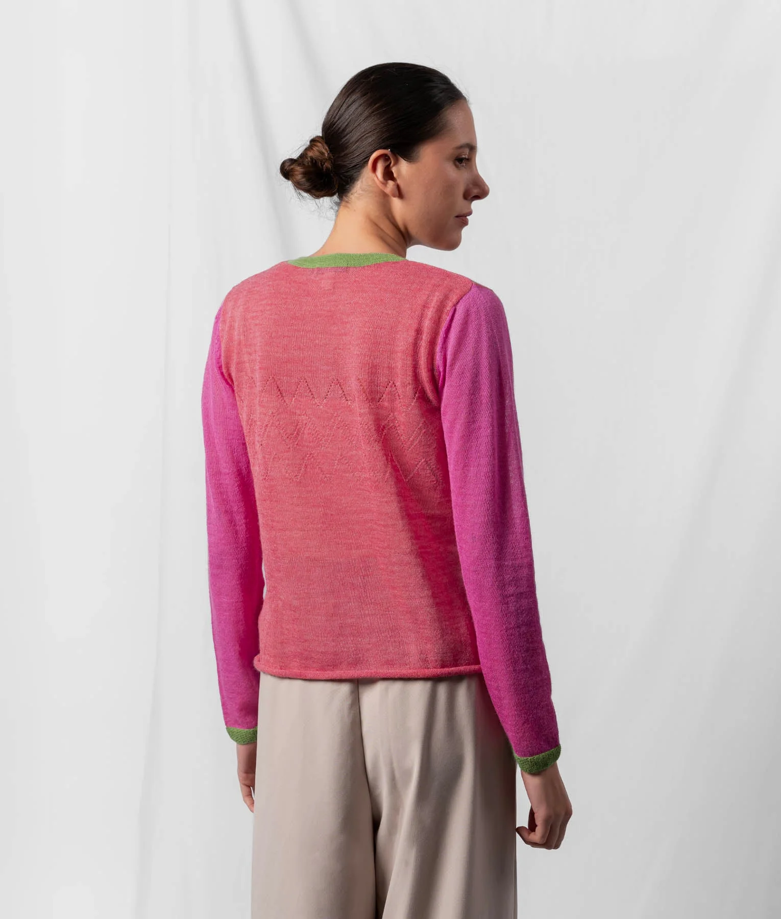 El Ritmo Eyelet Detailed Cardigan - Watermelon Pink And Soft Lime Green - Image 3
