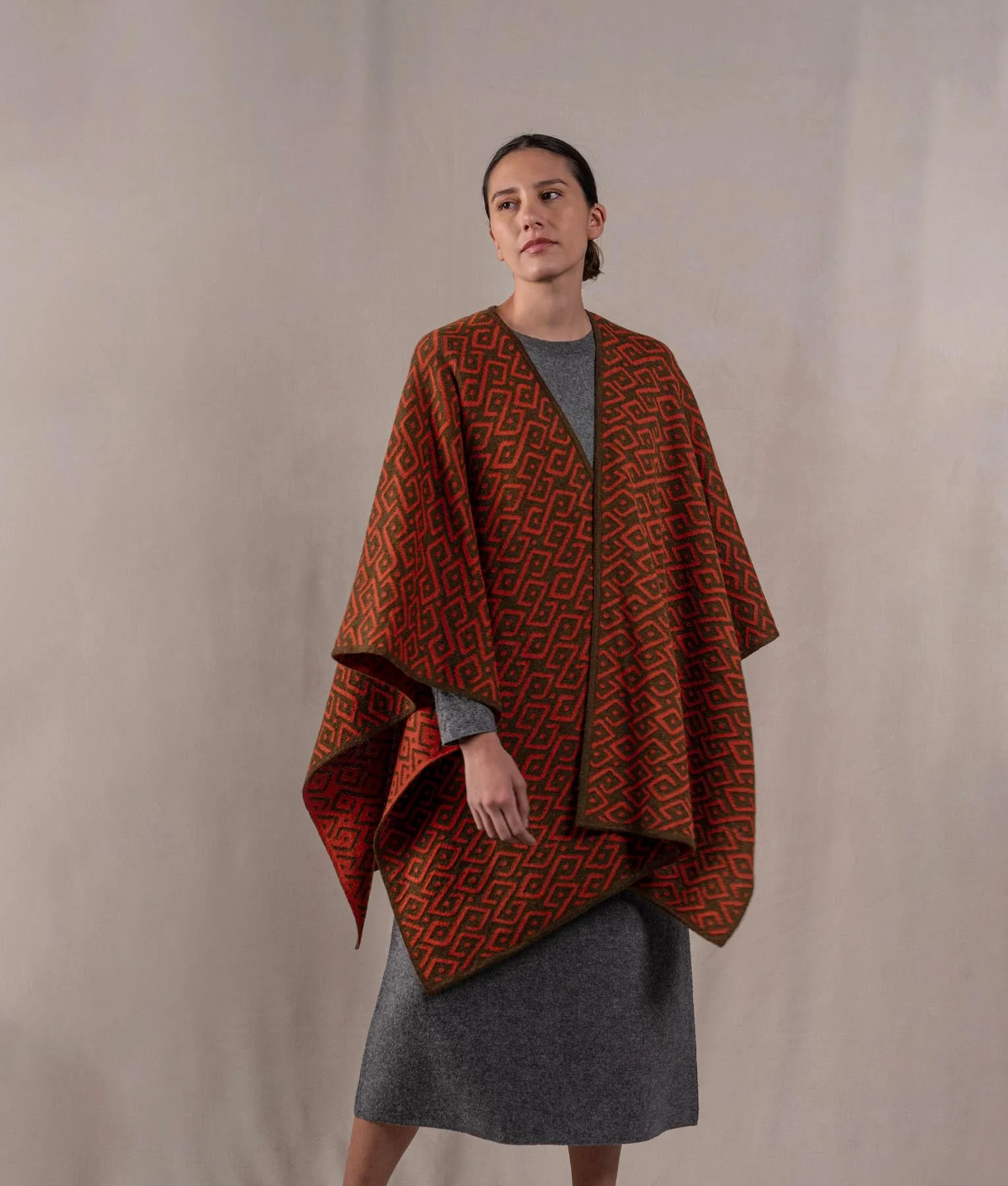 Gala Cape - Dark Olive Brow And Terracotta Red - Image 3