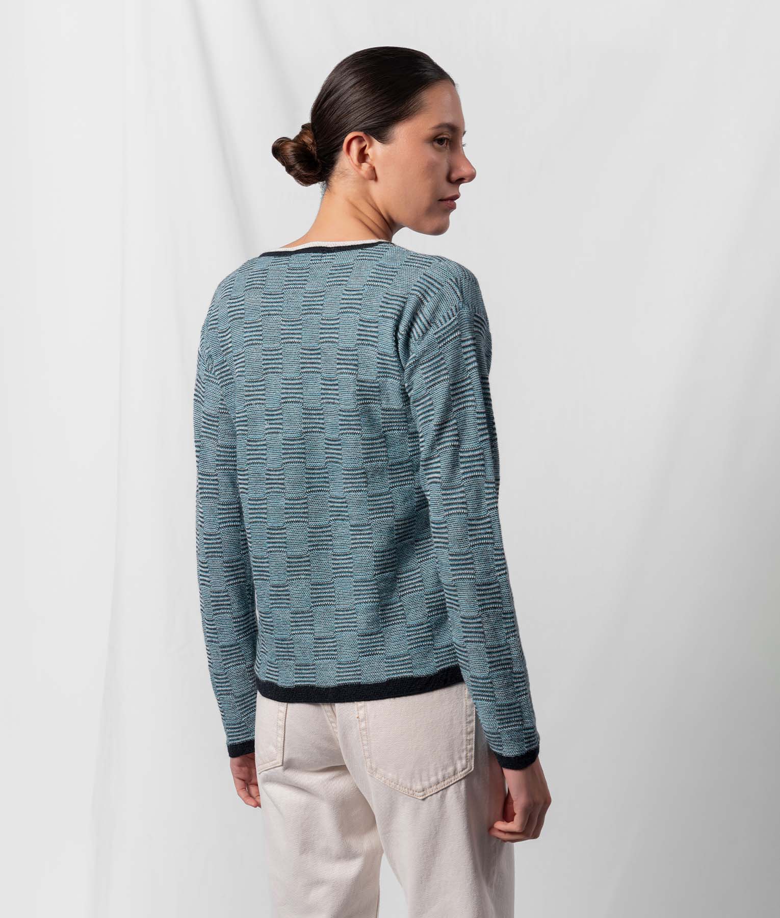 High And Low O Neck Stiched Sweater - Teal Blue And Black - Image 2