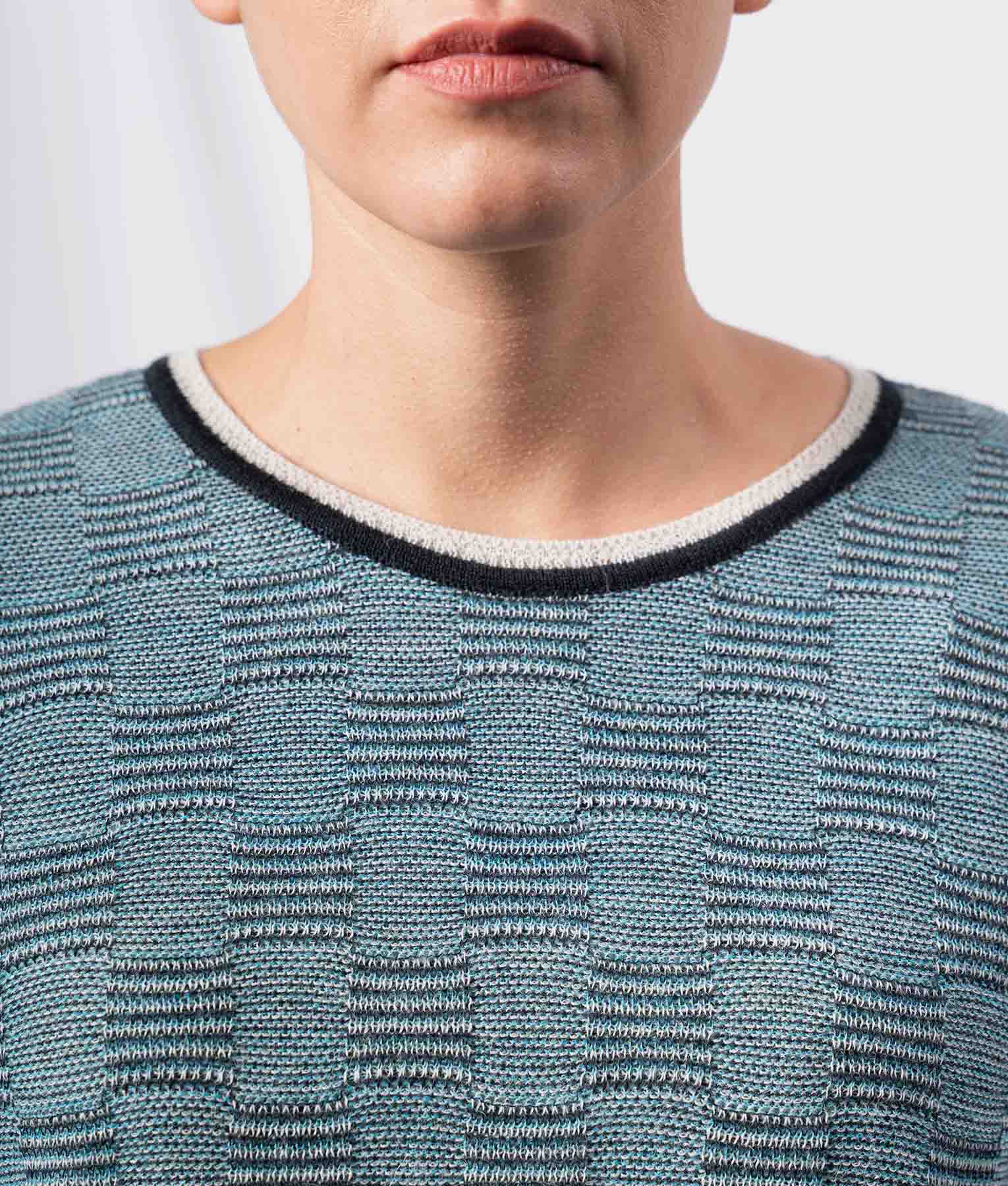 High And Low O Neck Stiched Sweater - Teal Blue And Black - Image 3