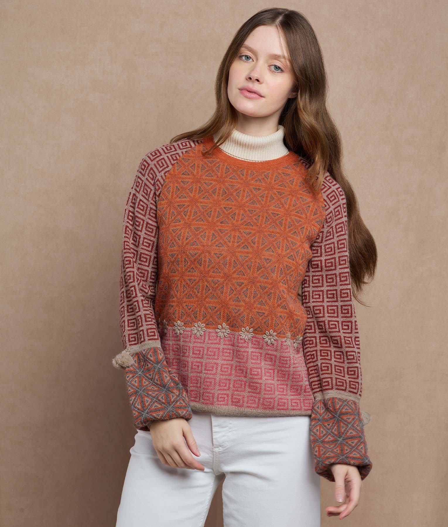 Jacquard Puffed Sleeves Sweater - Image 2