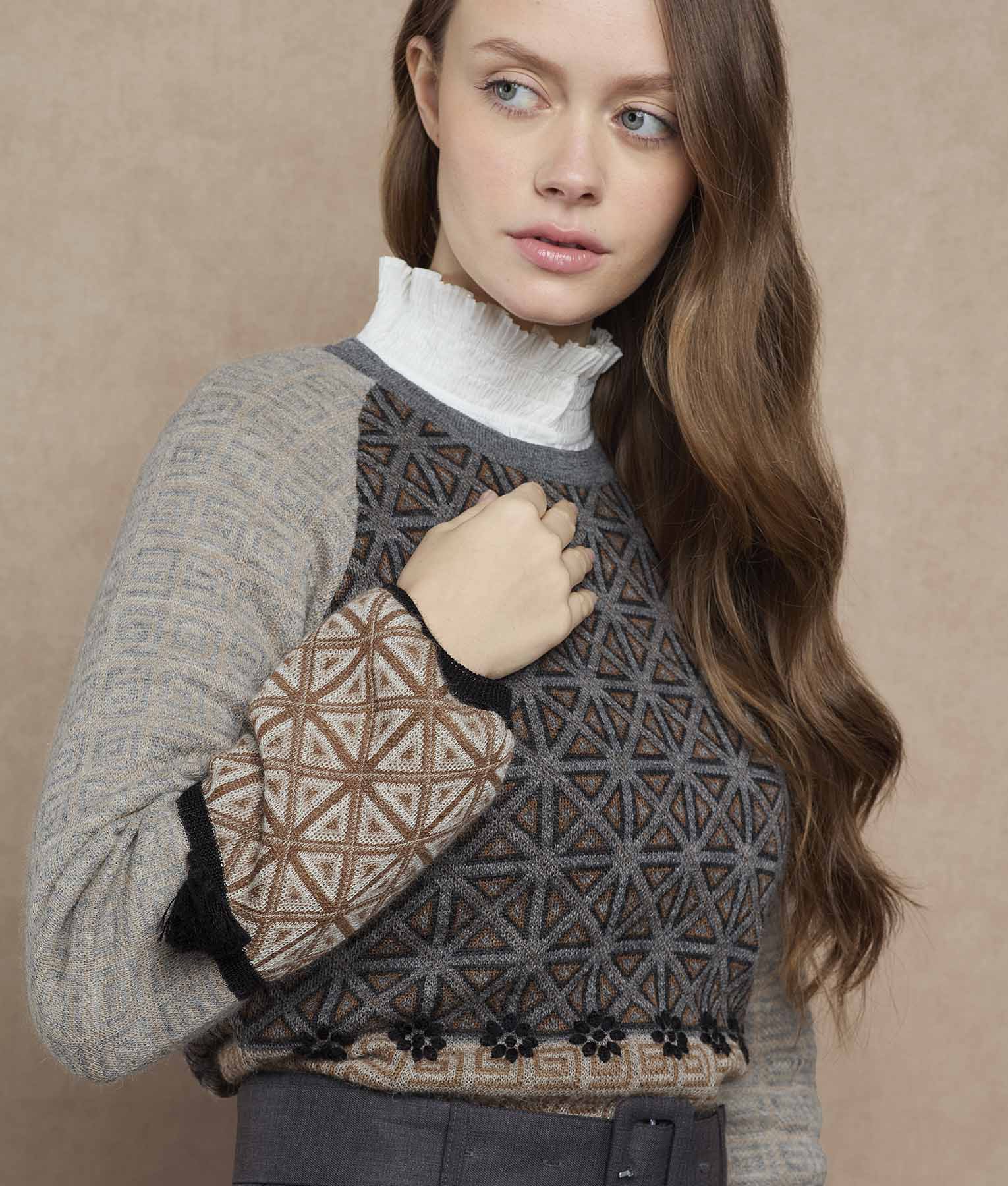 Jacquard Puffed Sleeves Sweater - Image 5
