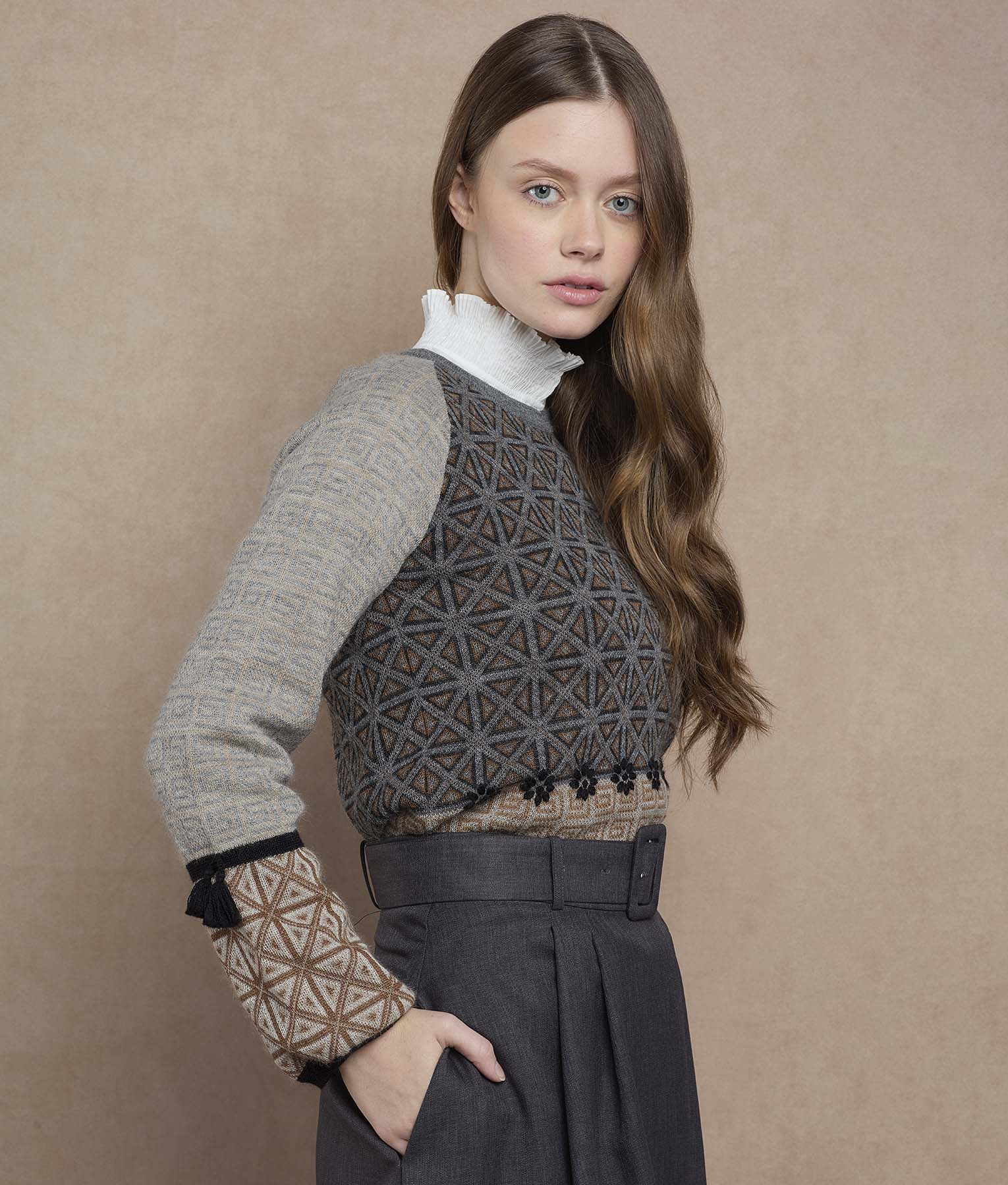 Jacquard Puffed Sleeves Sweater - Image 6