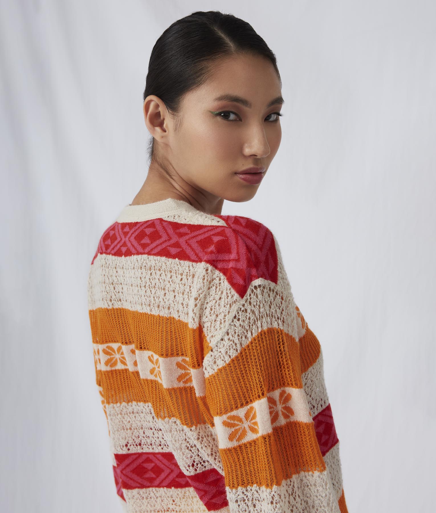 Lace & Jacquard Crew Neck Sweater - Winter White And Sun Orange - Image 2