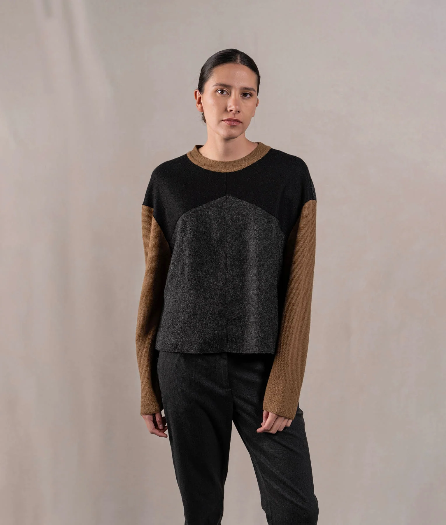 Patch & Links Crew Neck Sweater - Black And Toasted Brown