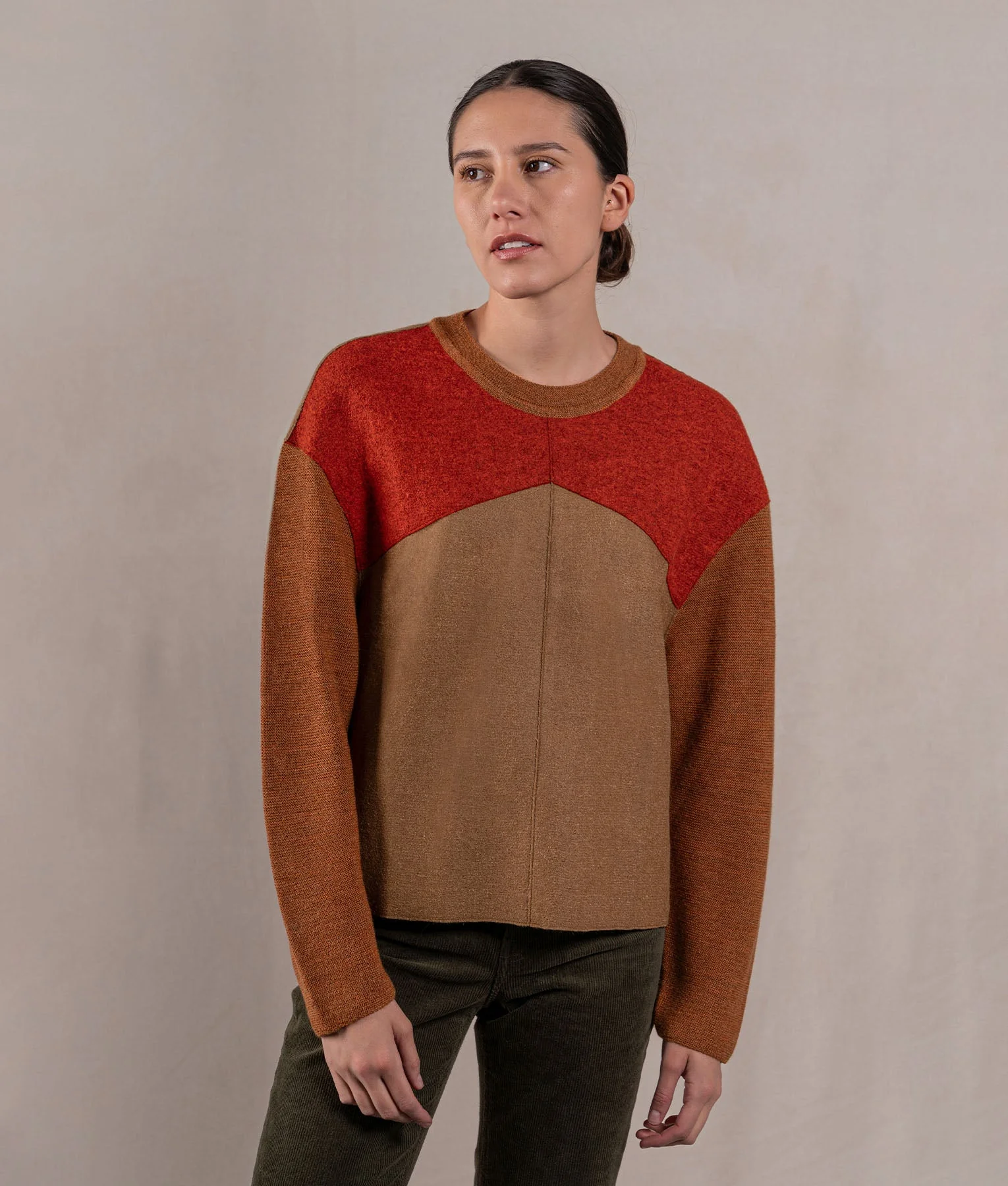 Patch & Links Crew Neck Sweater - Brick Red And Clay Brown