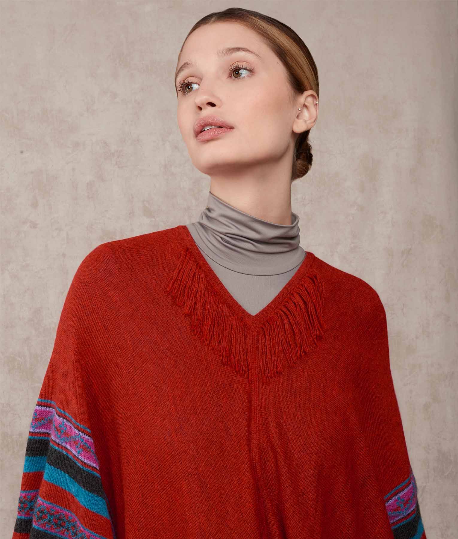 Poncho Rider With Fringe Details - Wine Raspberry - Image 3