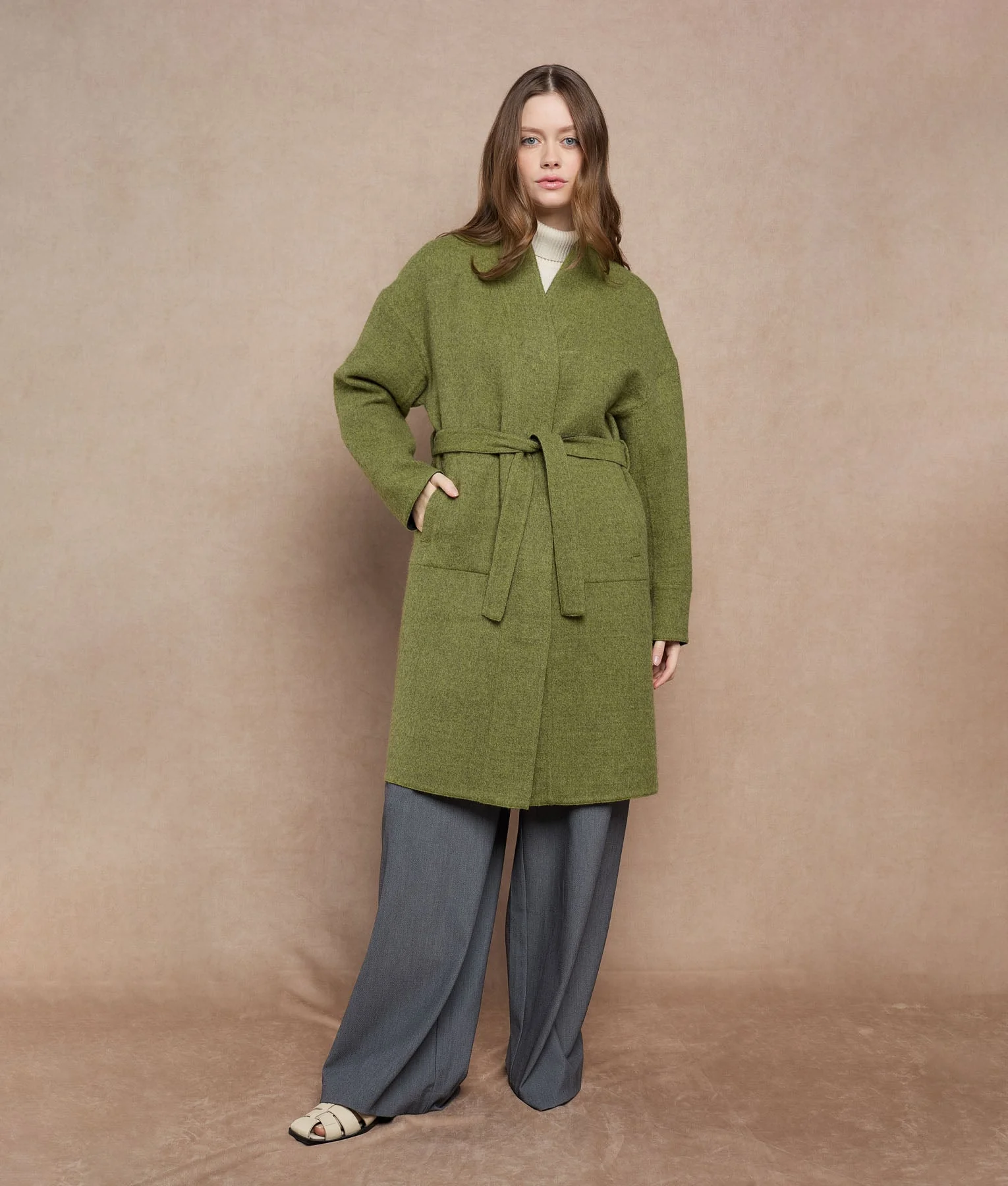 Reversible Buttons Up Wrap Coat - olive green and dark charcoal - Image 3