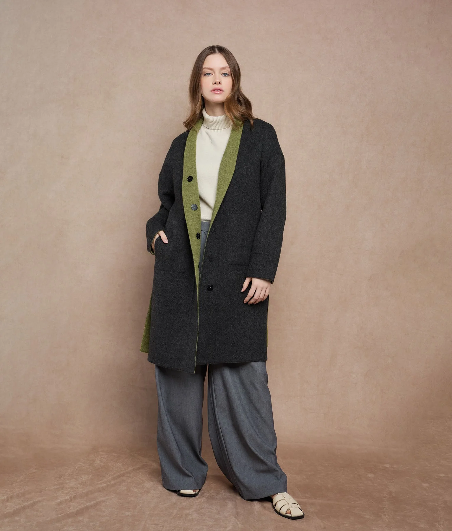 Reversible Buttons Up Wrap Coat - olive green and dark charcoal - Image 5