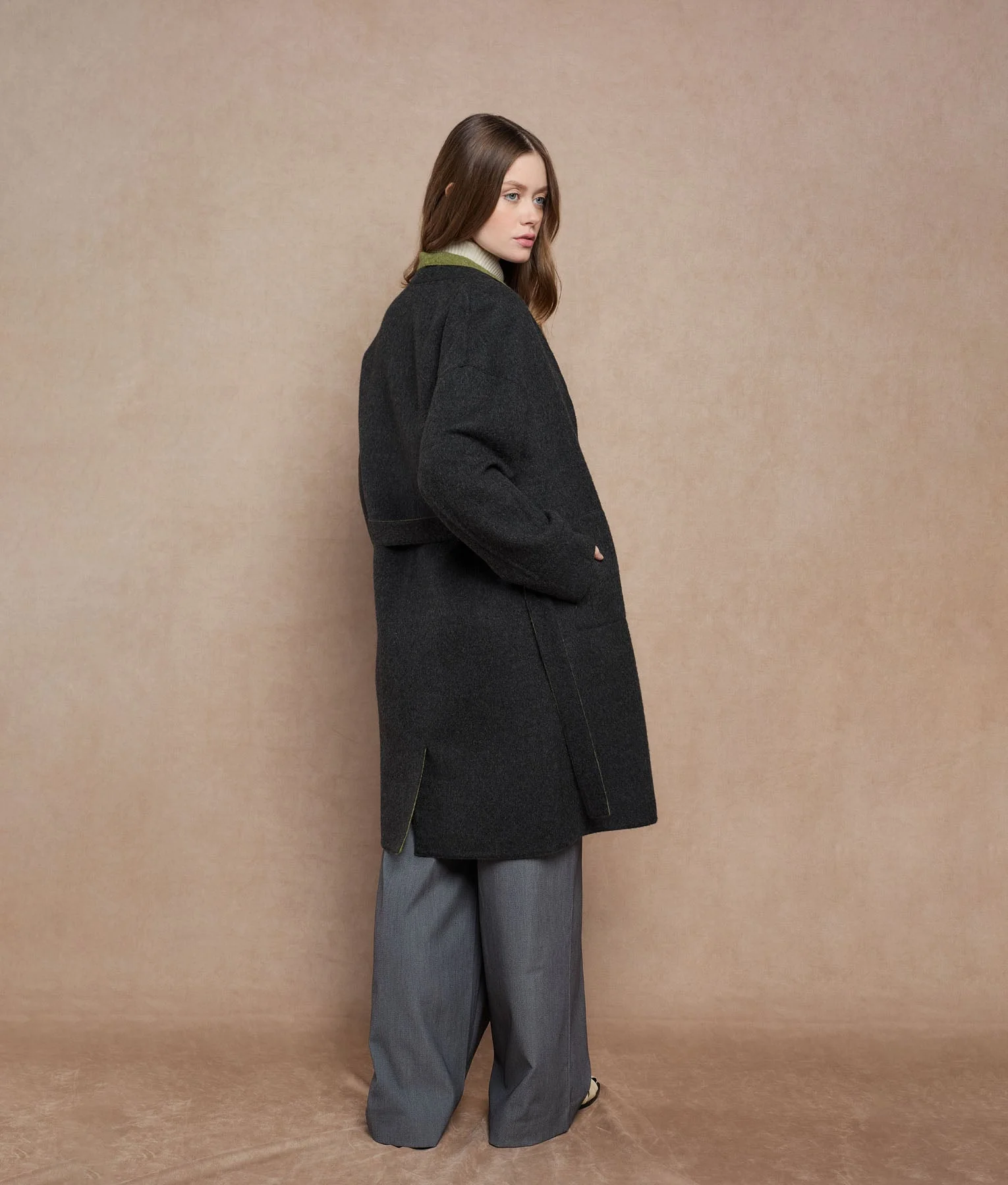 Reversible Buttons Up Wrap Coat - olive green and dark charcoal - Image 6