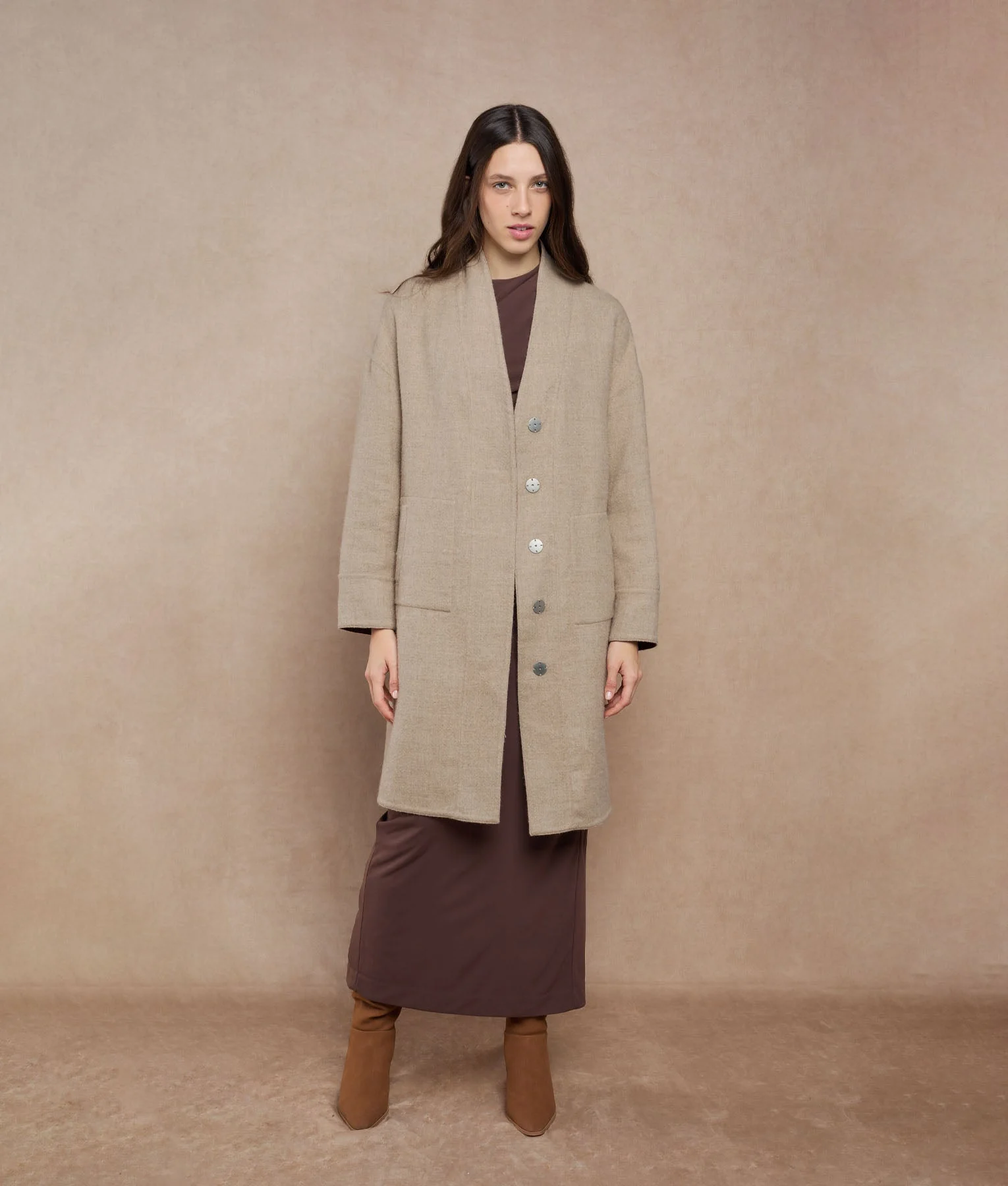 Reversible Buttons Up Wrap Coat - reddish brown and almond cream - Image 3