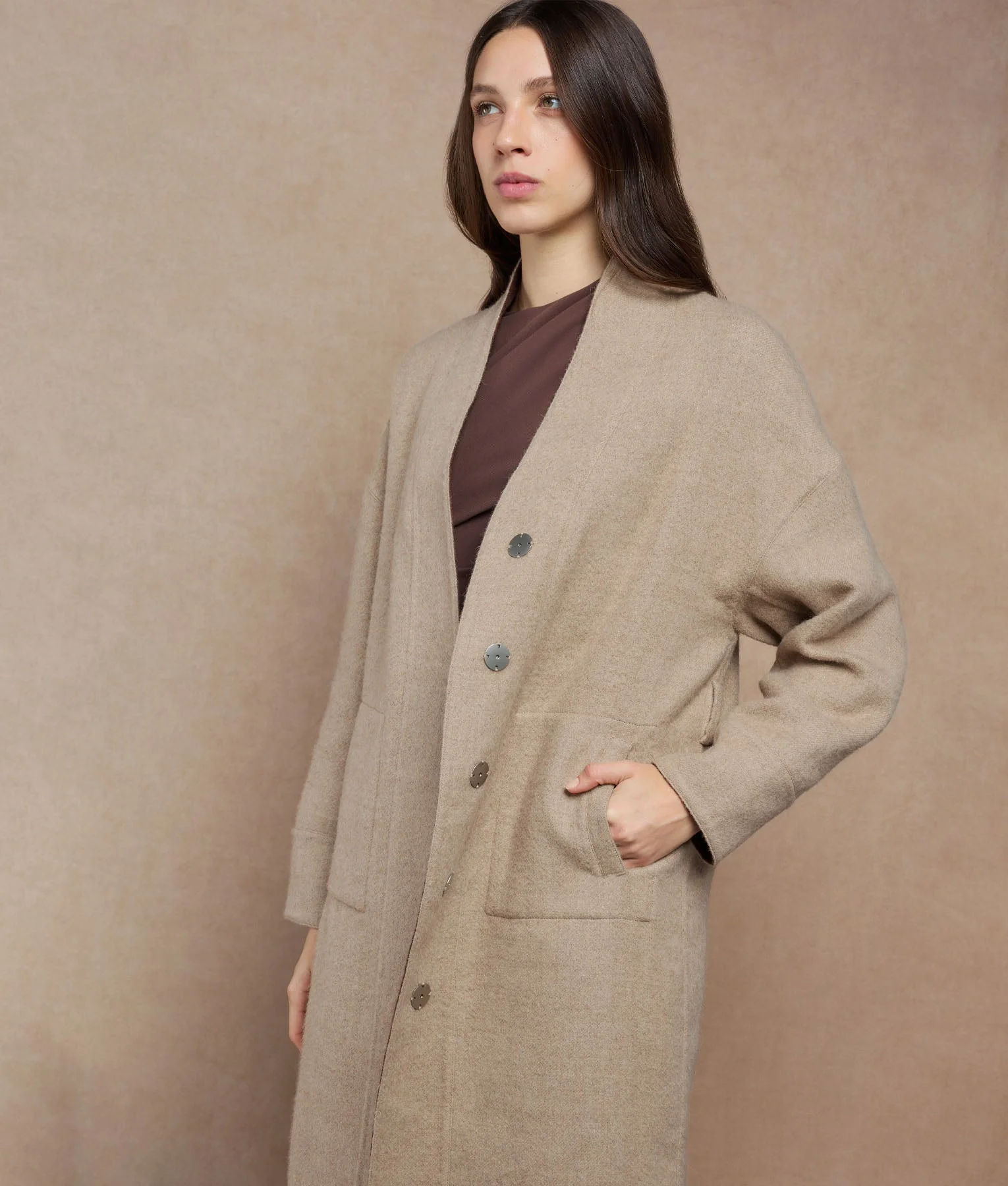 Reversible Buttons Up Wrap Coat - reddish brown and almond cream - Image 4