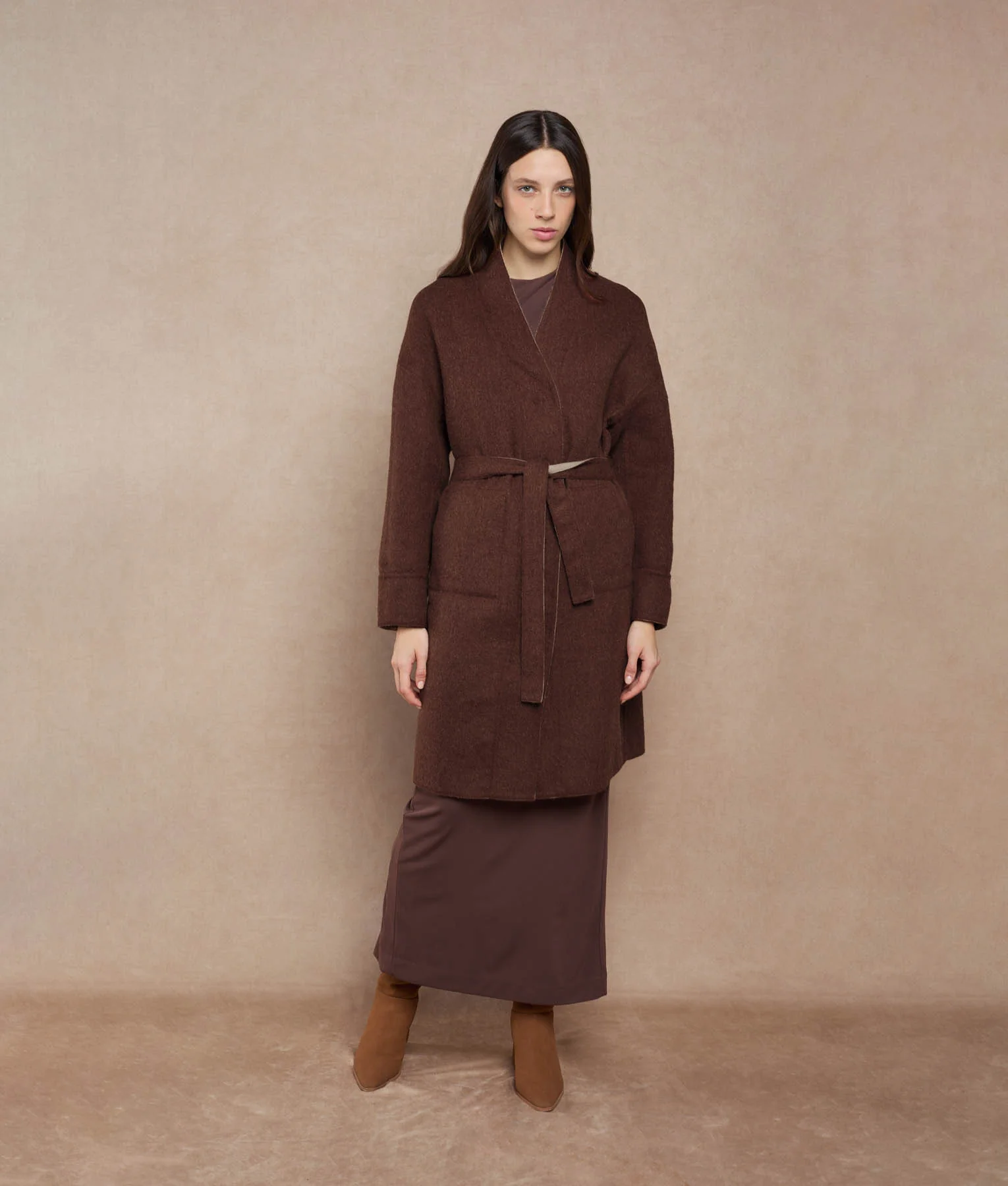 Reversible Buttons Up Wrap Coat - reddish brown and almond cream - Image 5