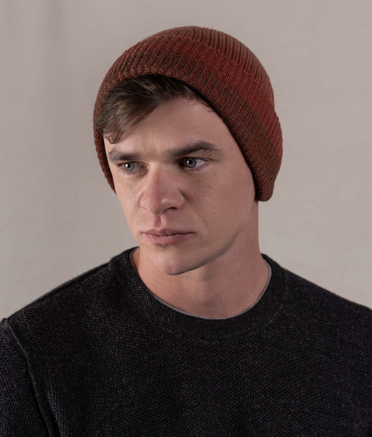 Reversible Ribbed Beanie - Rust Red And Heather Burgundy - Image 2