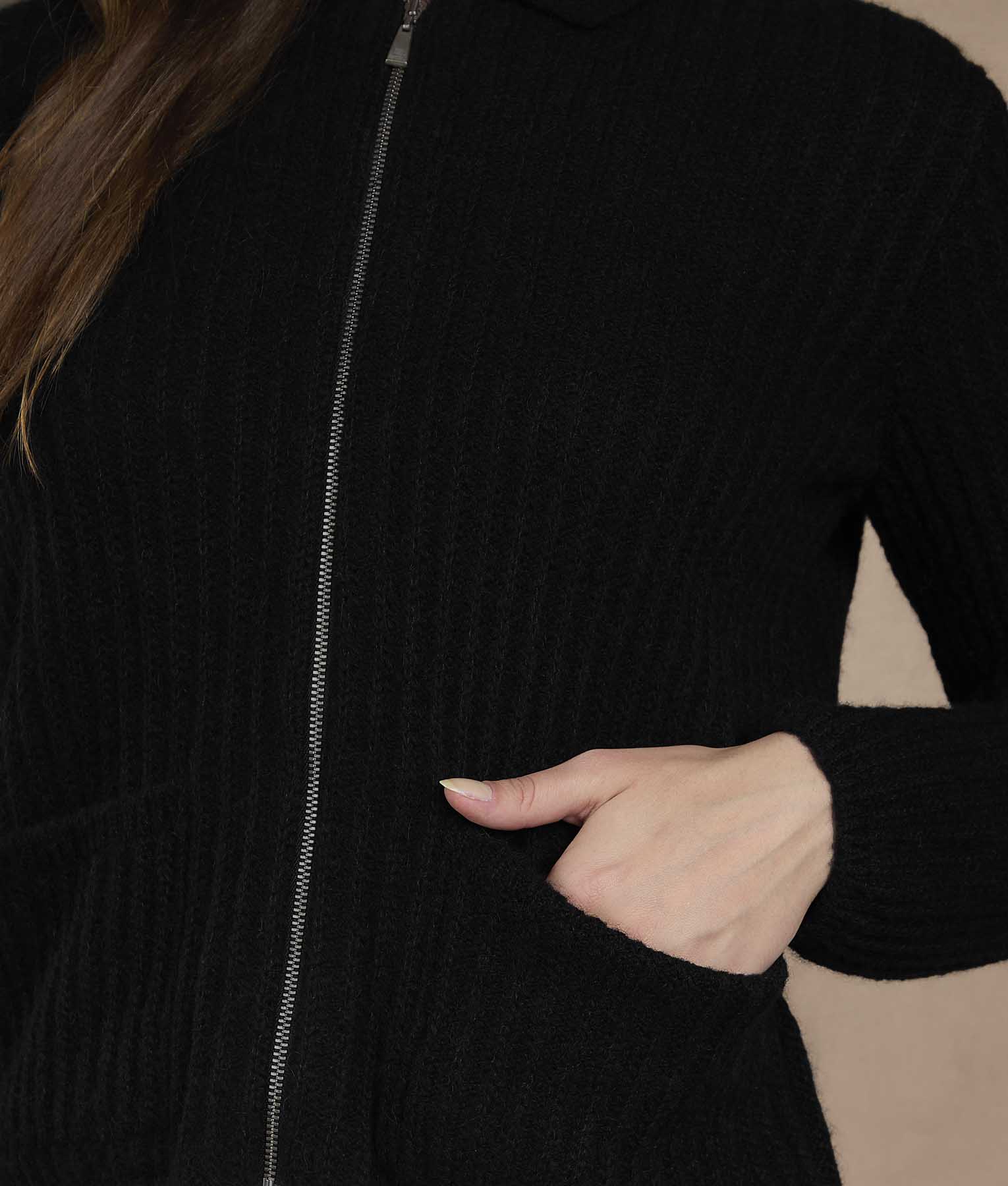 Rib Cardigan with Pockets - Black - Image 3