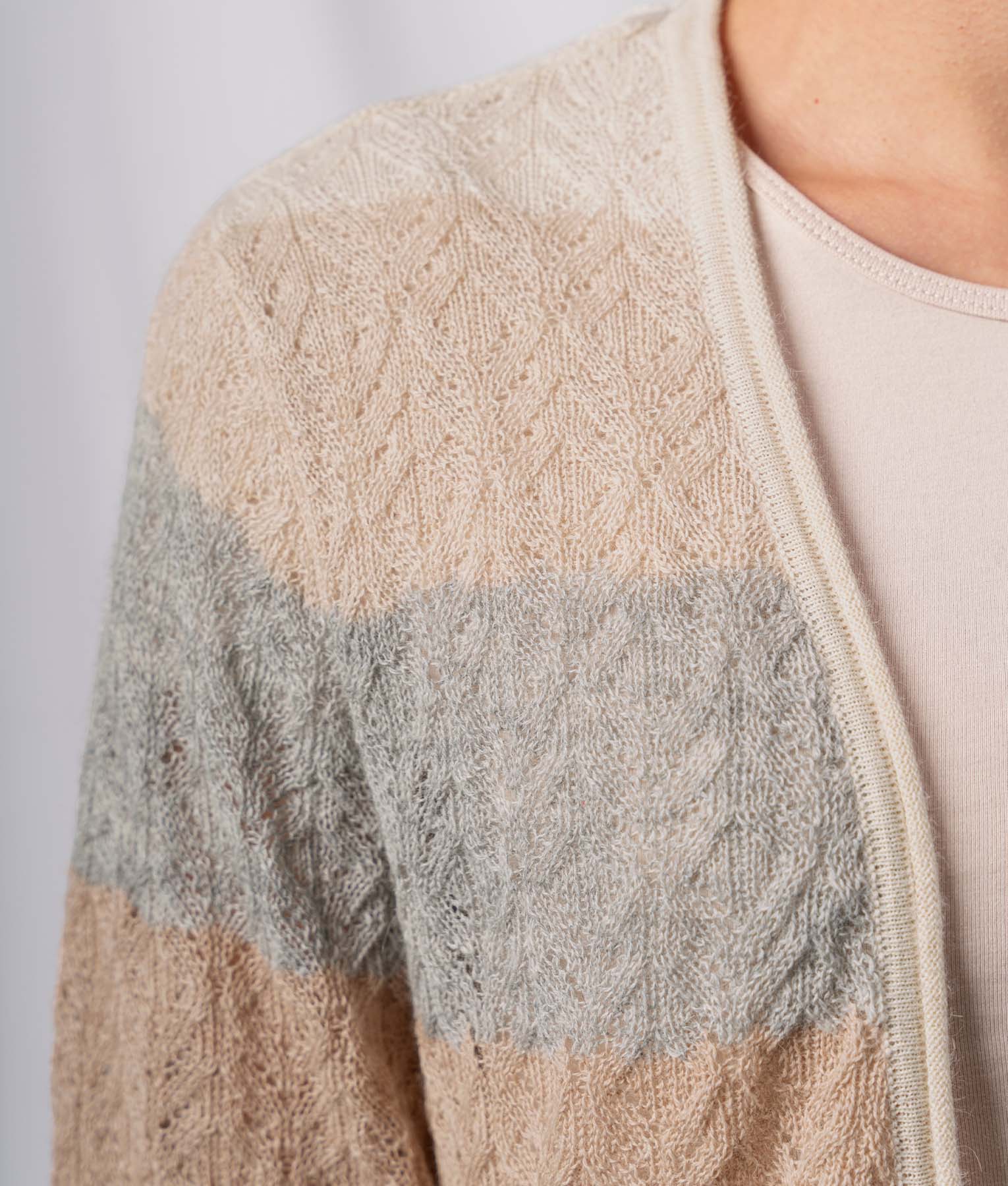 Striped French Lace Long Cardigan - Natural Light Beige And Soft Pale Grey - Image 3