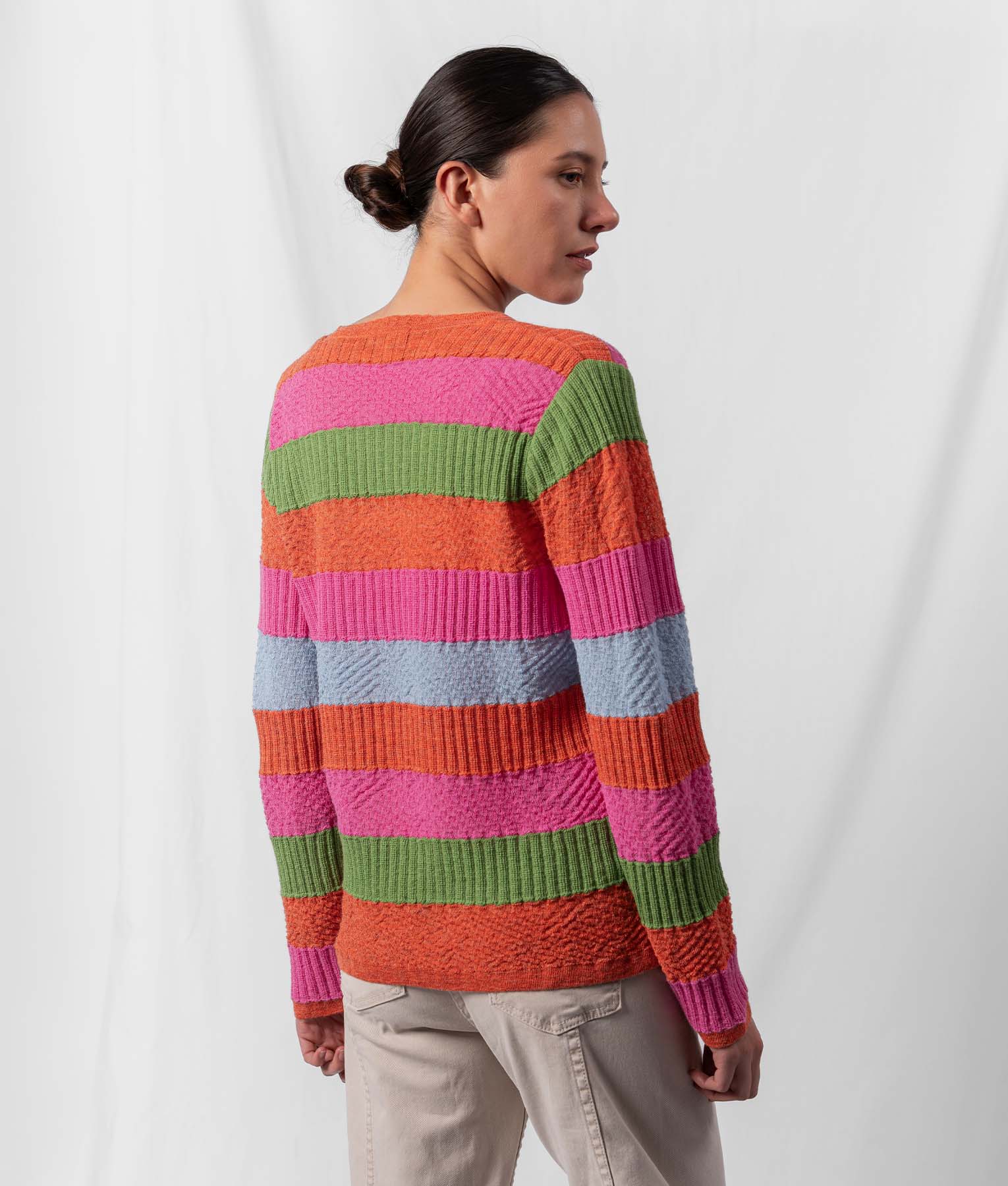 Striped Sampler O Neck Sweater - Burnt Orange And Fuchsia - Image 2