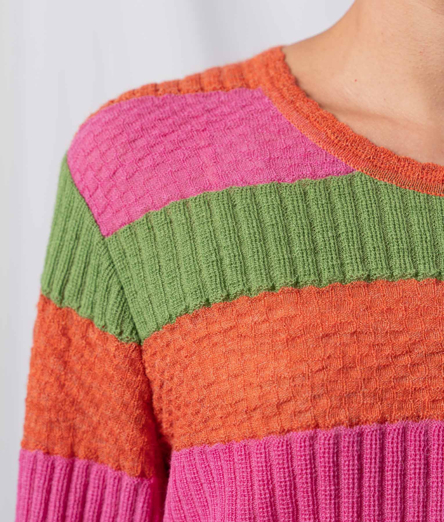 Striped Sampler O Neck Sweater - Burnt Orange And Fuchsia - Image 3