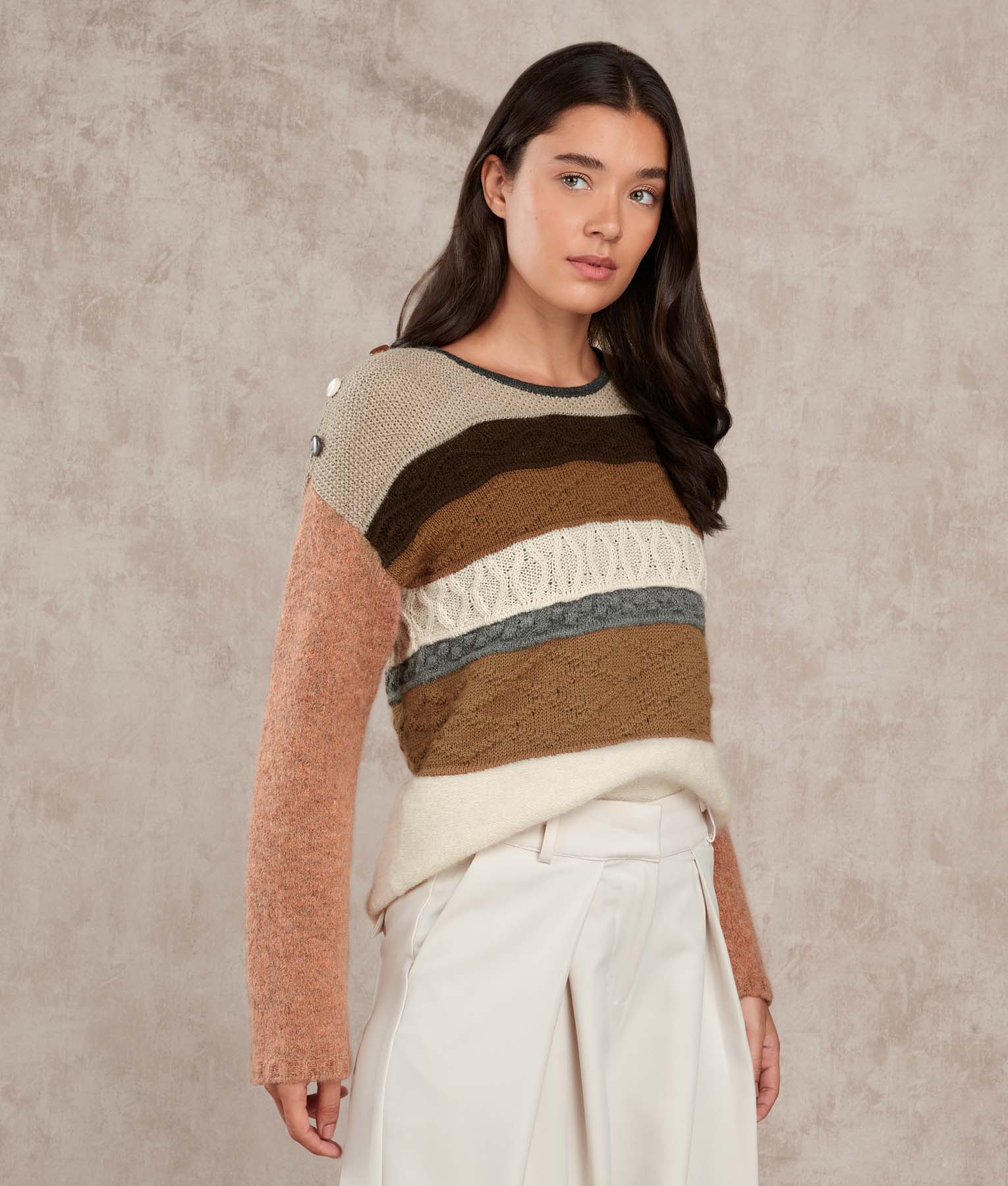 Stripes Neck Sweater- Tobacco Brown And Bright White