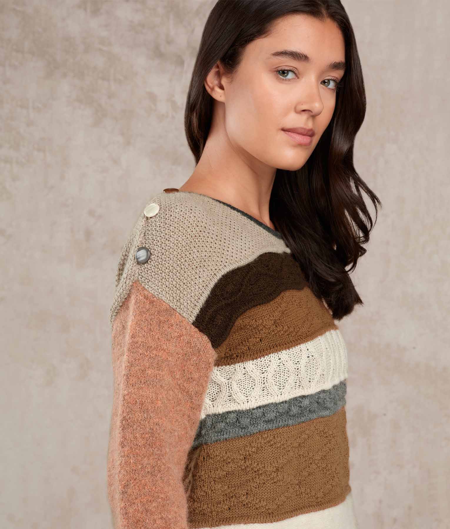 Stripes Neck Sweater- Tobacco Brown And Bright White - Image 2