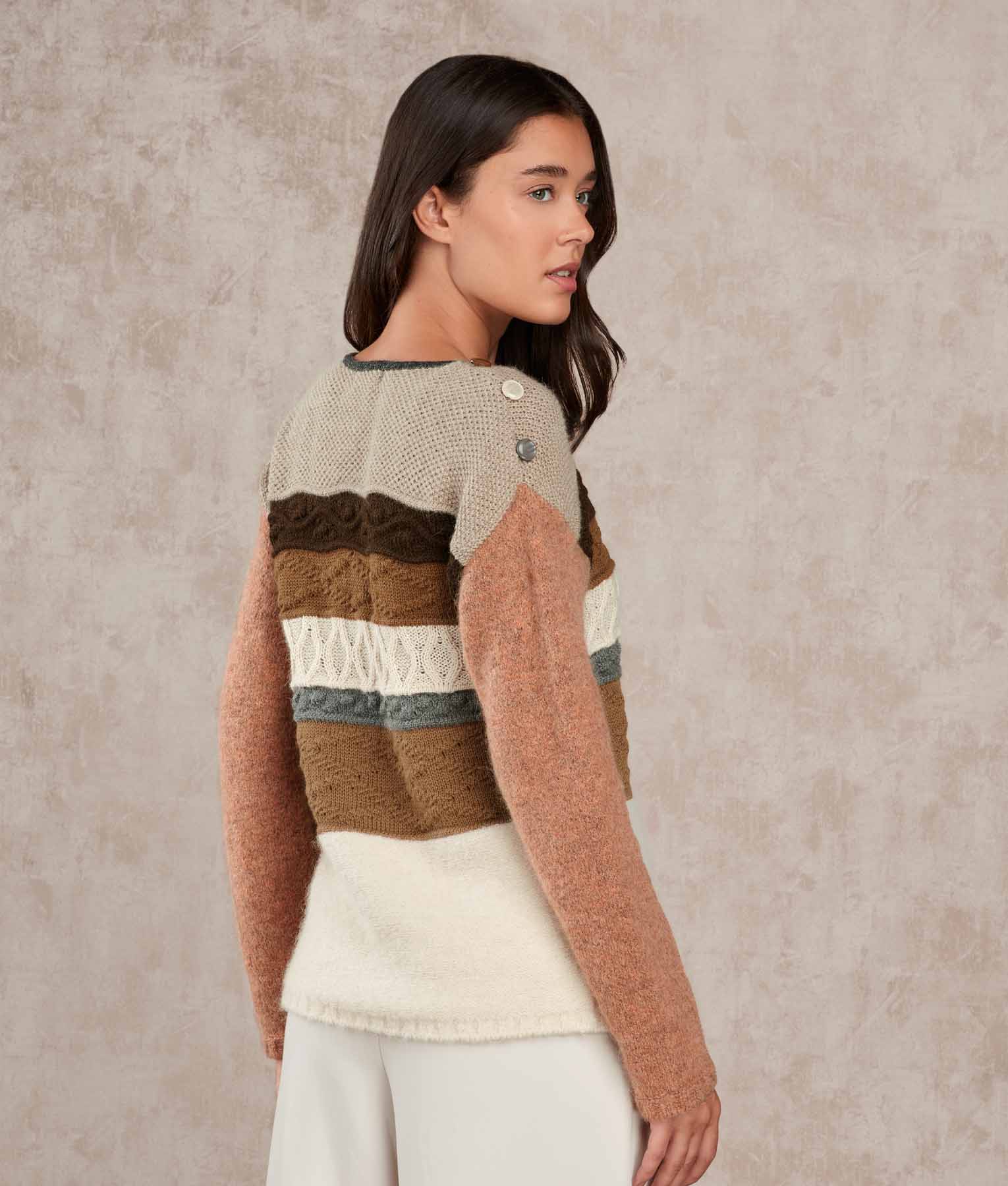 Stripes Neck Sweater- Tobacco Brown And Bright White - Image 3